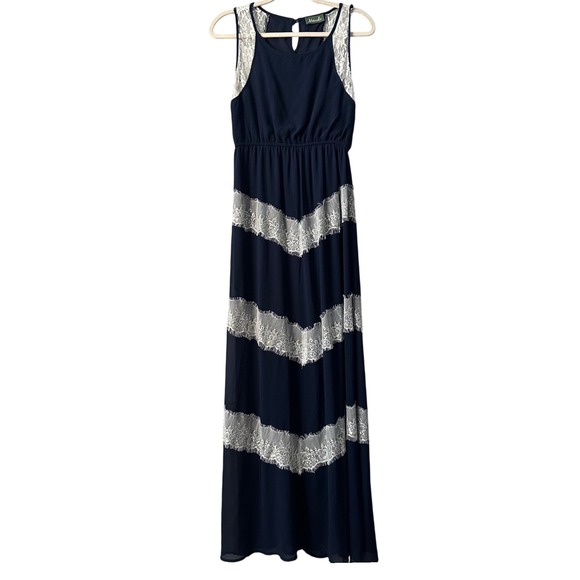 Maude Women's Maxi Dress Navy‎ Blue Sleeveless Lace Trim Elegant - Picture 1 of 6